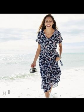 J.Jill Navy Floral Wrap Maxi Dress 2XL No Belt
